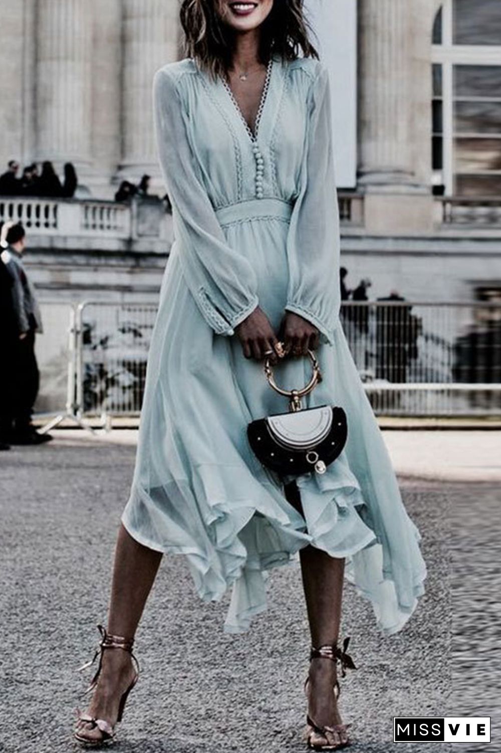 Fashion Elegant Solid Split Joint Buttons V Neck Irregular Dress Dresses