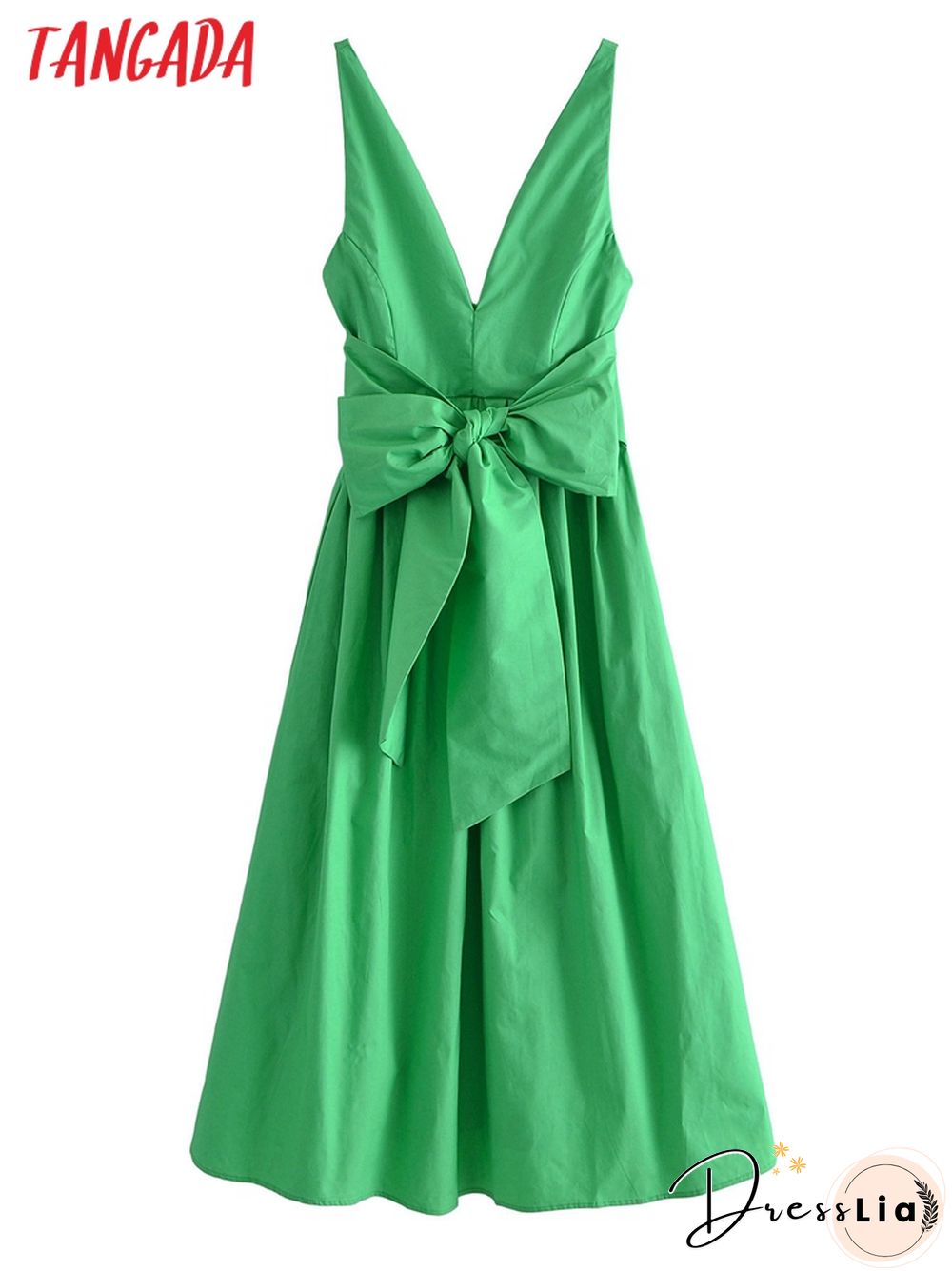 Womens Summer Dress Green Dresses With Pocket Back Bow Strap Female Long Dress Qn26