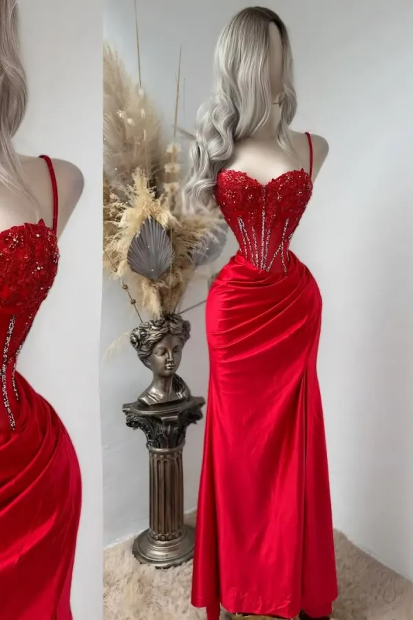  Sweetheart Spaghetti-Straps Long Split Evening Dress With Bead Embroidery Appliqu&eacute;  | Red Satin ZT0374
