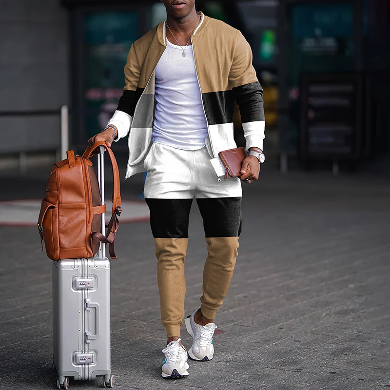 Fashion Color Matching Jacket And Pants Two Piece Set