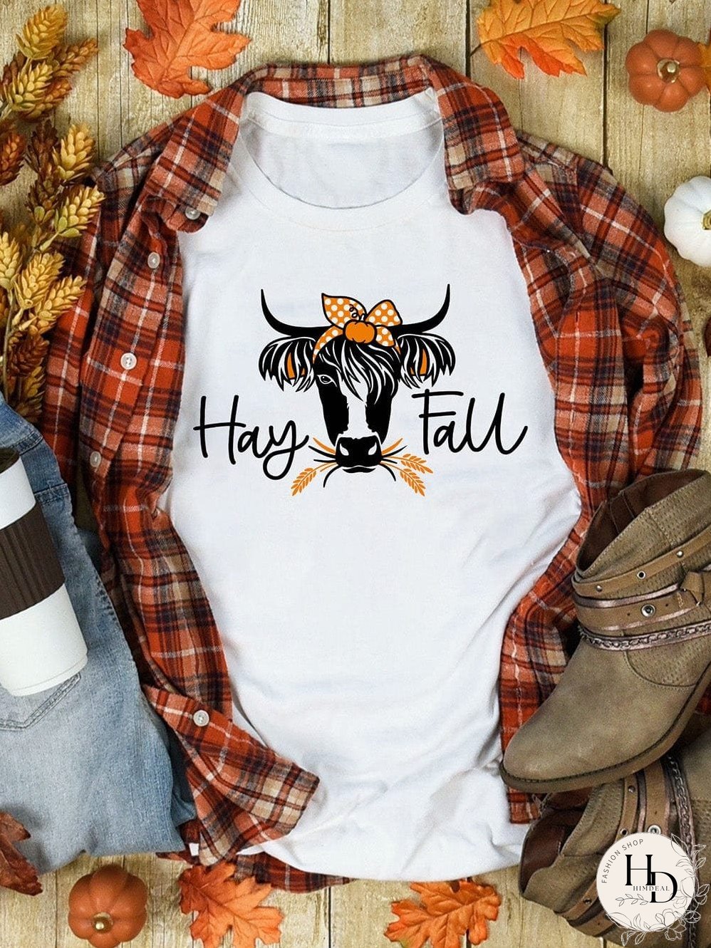 Heifer Print White Graphic Tee with "Hay Fall" Design