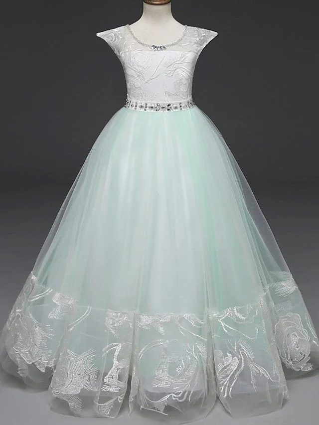 Daisda Long Length Cap Sleeve Jewel Neck Flower Girl Dresses Lace Tulle  With Belt  Crystals Crystals  Rhinestones