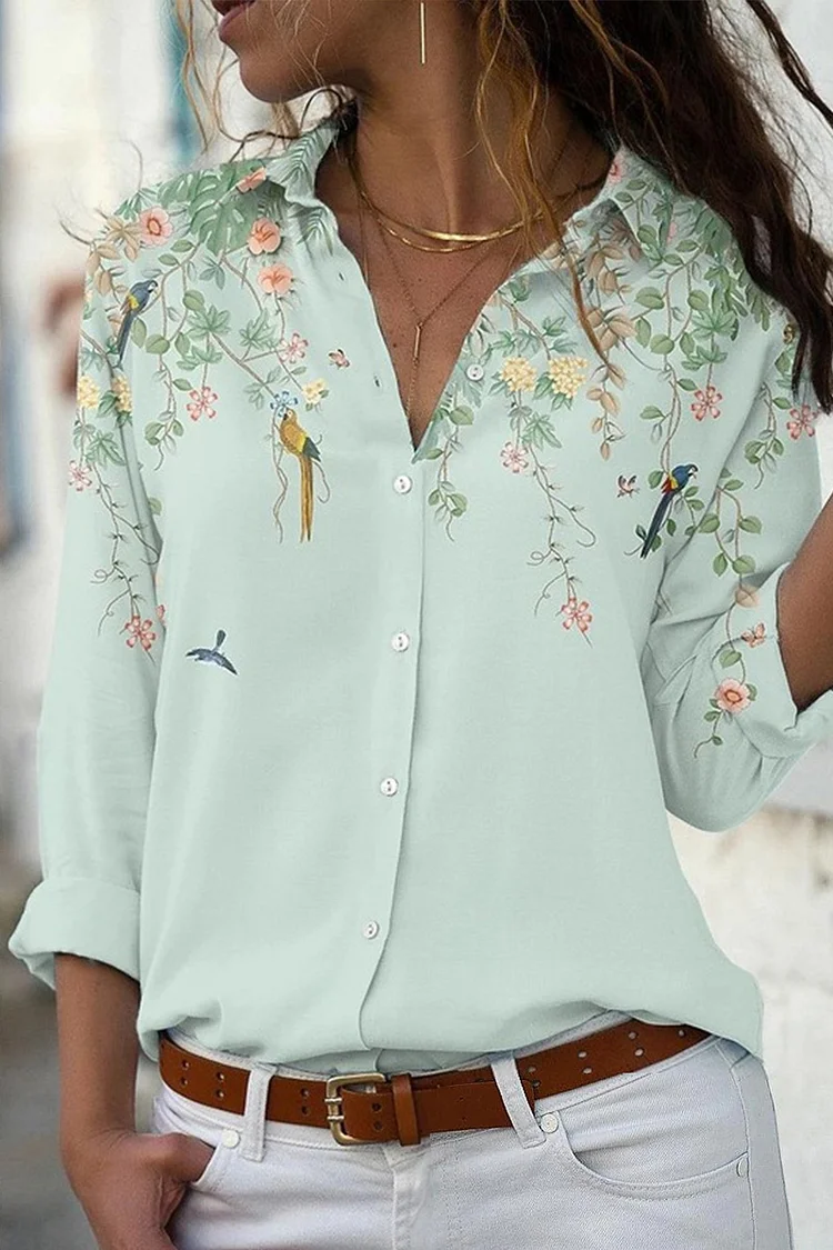 Plus Size Casual Mint Green Floral Print Single Breasted Blouse  Flycurvy [product_label]