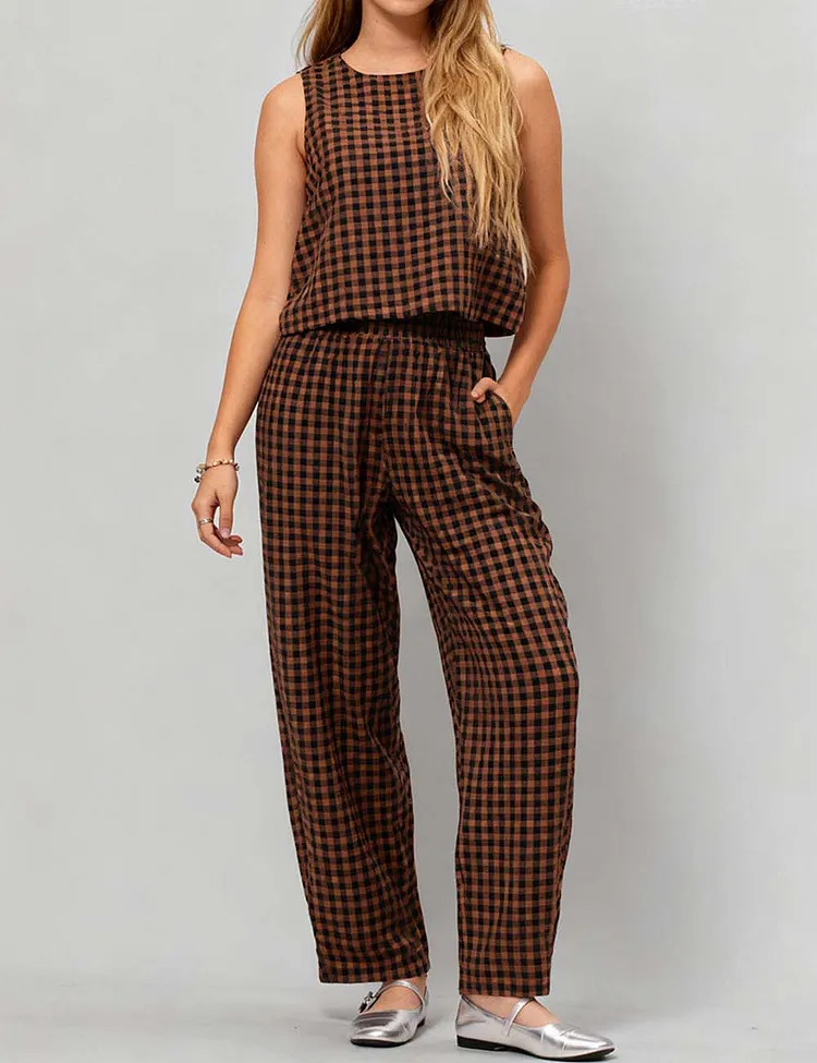 Ladies Plaid Color Block Top Pants 2PCS Set SKST41122