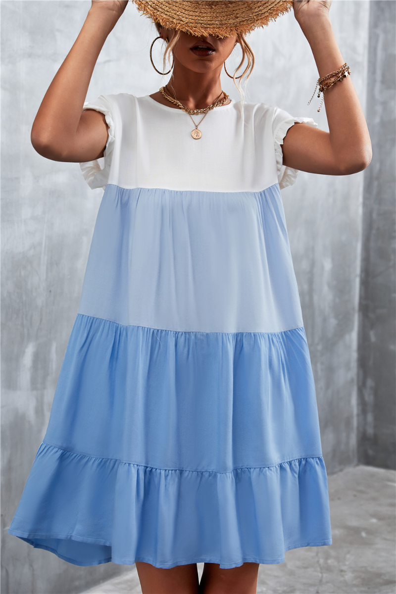 Light & Blue Color Block Ruffle-Accent Shift Mini Dress Women Sweet Beach Dresses