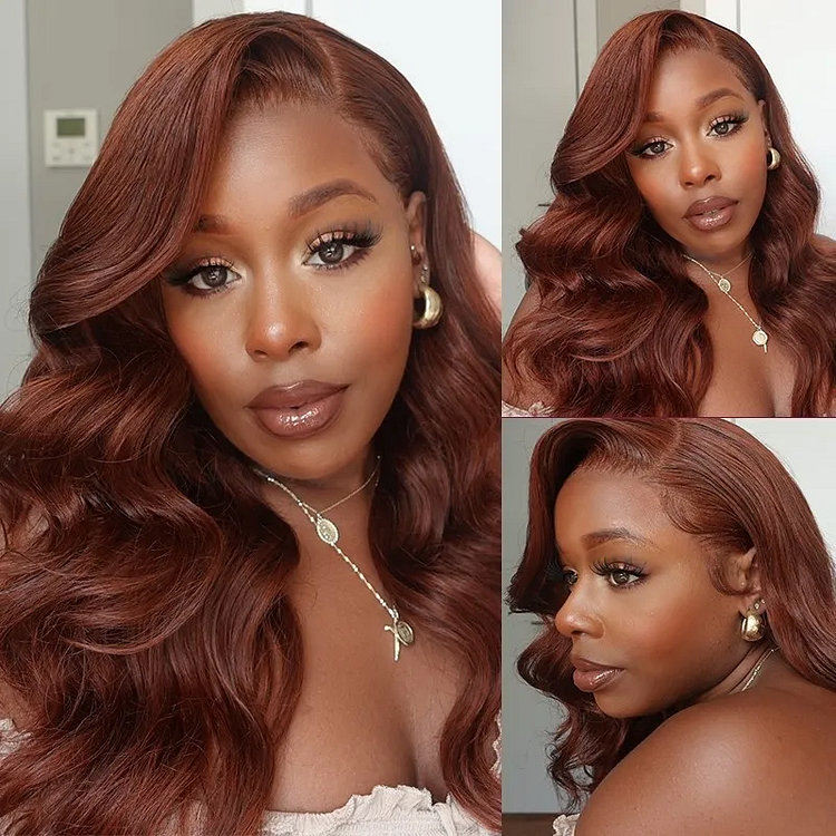 Reddish Brown Body Wave 13x4 Lace Front Wig Human Hair Water Wave Natural Density Auburn Copper Color