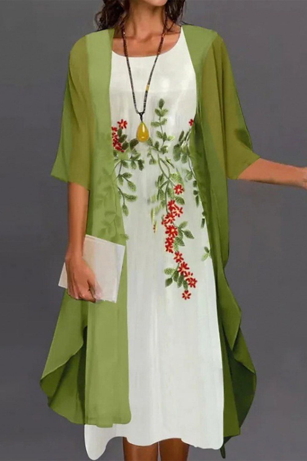 Plus Size Everyday Green Floral Leaf Print 3/4 Sleeve Two Piece Midi Dress With Jacket 2024 - Flycurvy 
