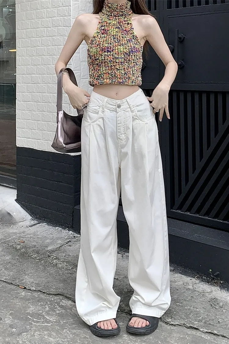 White Wide Leg Jeans for Women Flowy Straight Denim