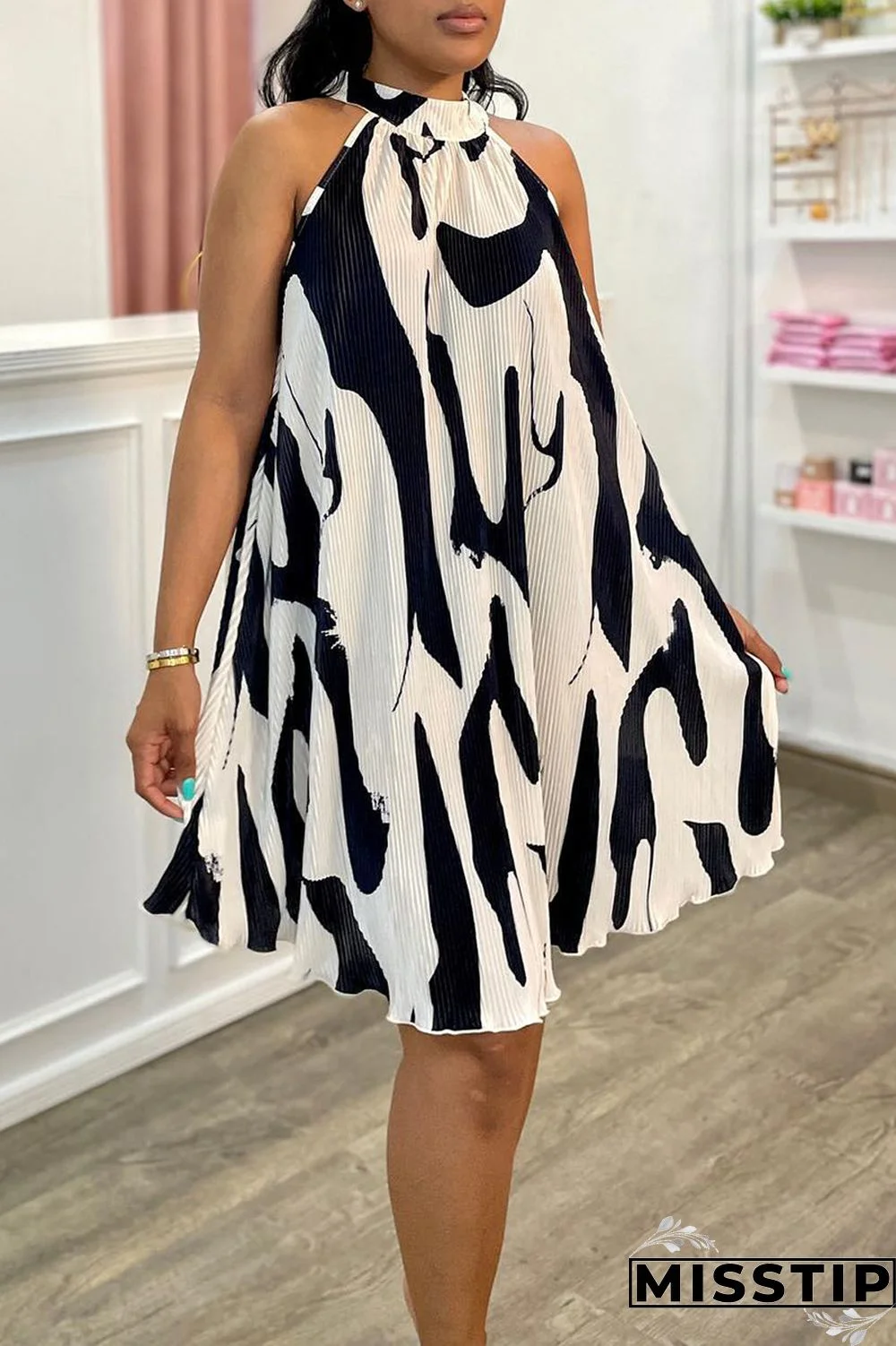 White Casual Sweet Daily Simplicity Printing Halter A Line Dresses