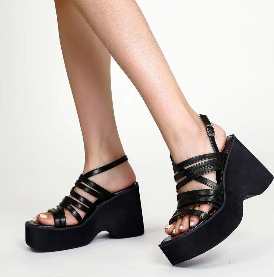 Womens Platform Wedge Sandals Back Strap Open Toe Cutout Anti Slip  Parallel-Crossed Wires-Multi Gore Slingback Shoes