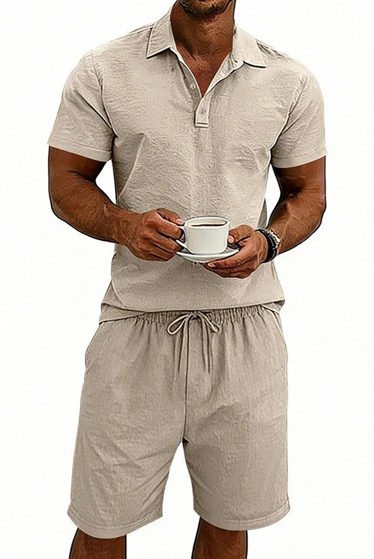 Relaxed Fit Linen Blend Shorts and Polo Set with Drawstring Waist for Men