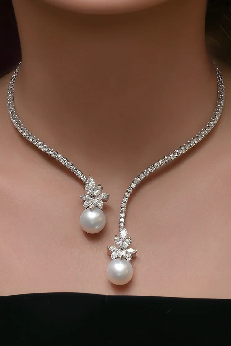 Elegant Retro Silver Floral Rhinestone Pearl Necklace 2024 - Xpluswear