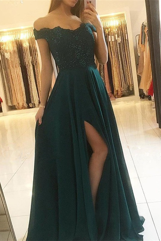 Bellasprom Dark Green Long Prom Dress Split With Appliques Off-the-Shoulder Bellasprom
