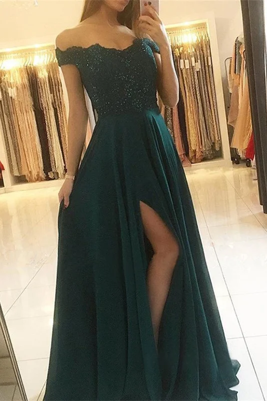 Luluslly Off-the-Shoulder Dark Green Long Prom Dress Split With Appliques