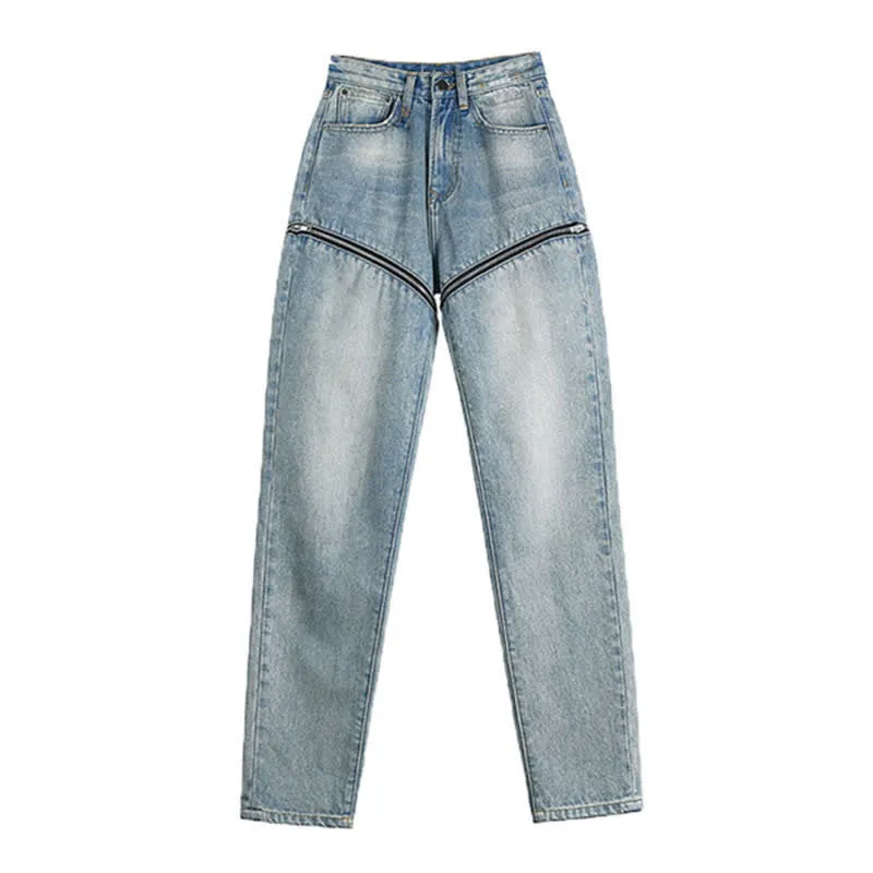 Zipper Detachable High Waist Straight Casual Denim Pants
