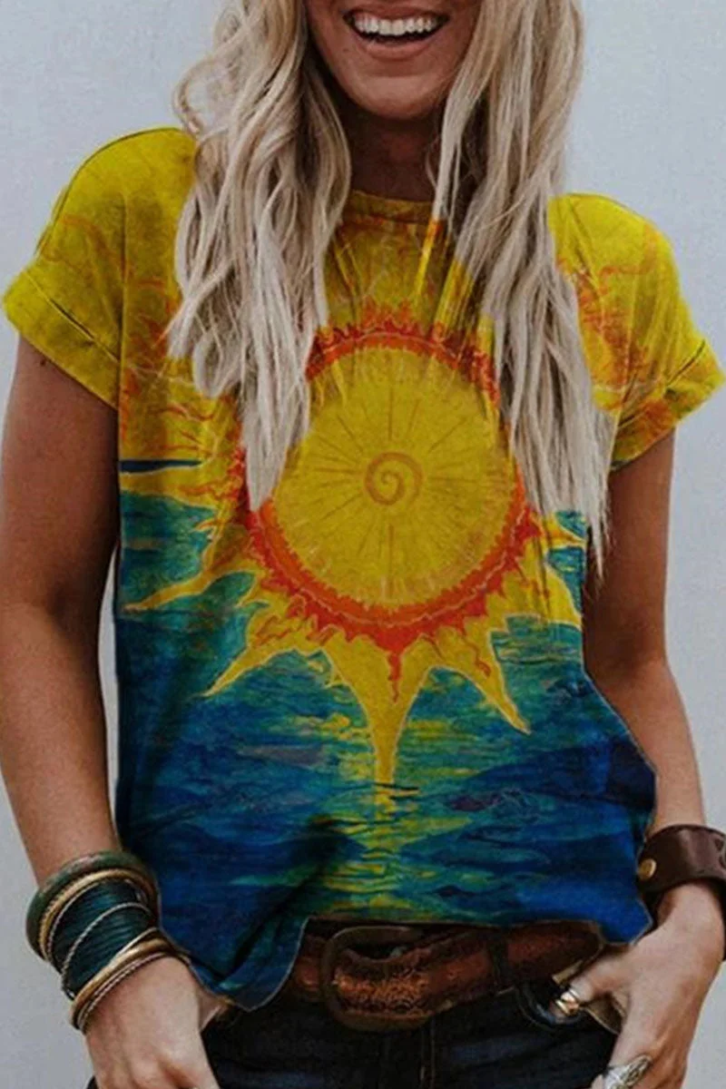 Fashion Street Print Patchwork O Neck T-Shirts(5 Colors)
