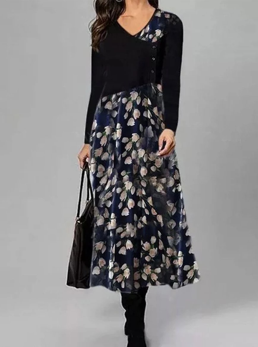 Fashion Flower Print V-neck Long Sleeve Casual Maxi Dress Black Dresses | EGEMISS