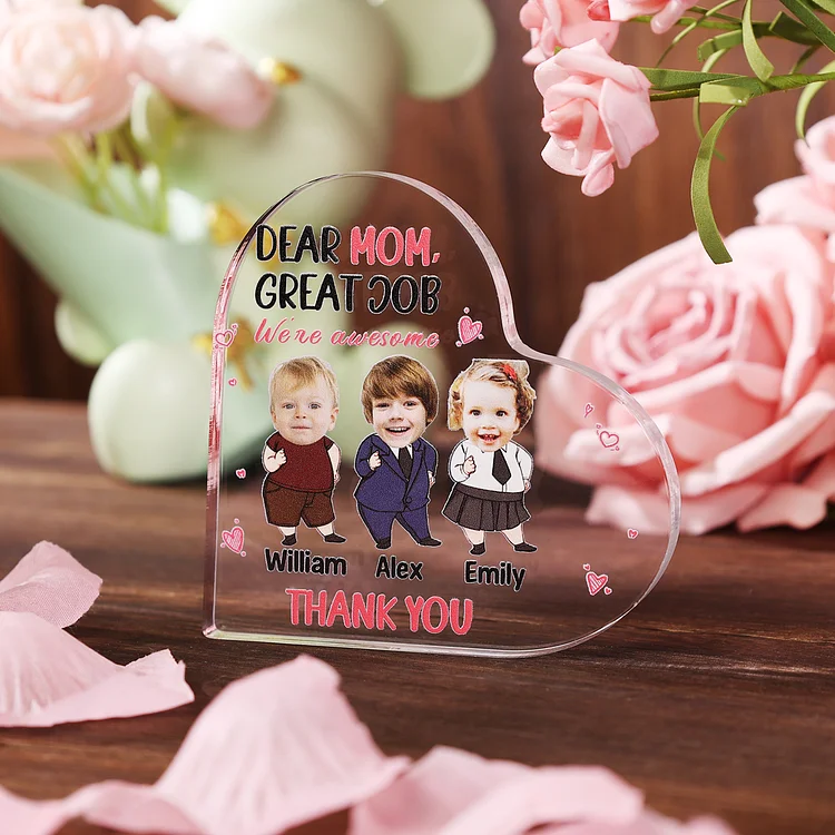 Personalized 1–3 Photos Acrylic Heart Keepsake Custom Names Ornament Mother's Day Gift - Dear Mom, Great Job, We're Awesome