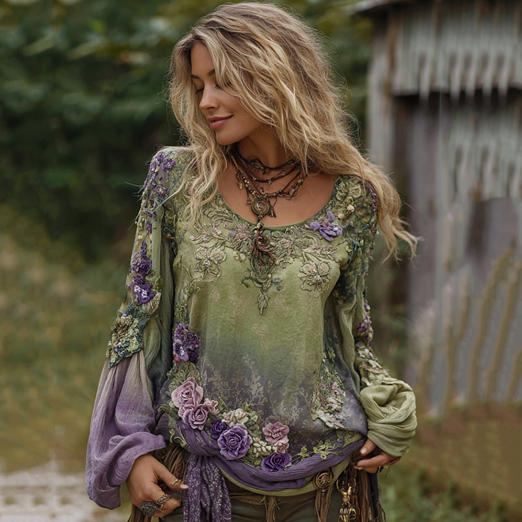 Vintage Purple Lavender And Floral Embroidered Linen Long Sleeve Shirt