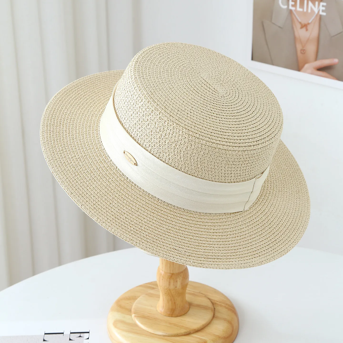 Flat-Top Straw Hat, Women's High-End Sun Hat, Large Brim Sun Protection Straw Hat, Beach Hat-MERUMOTE