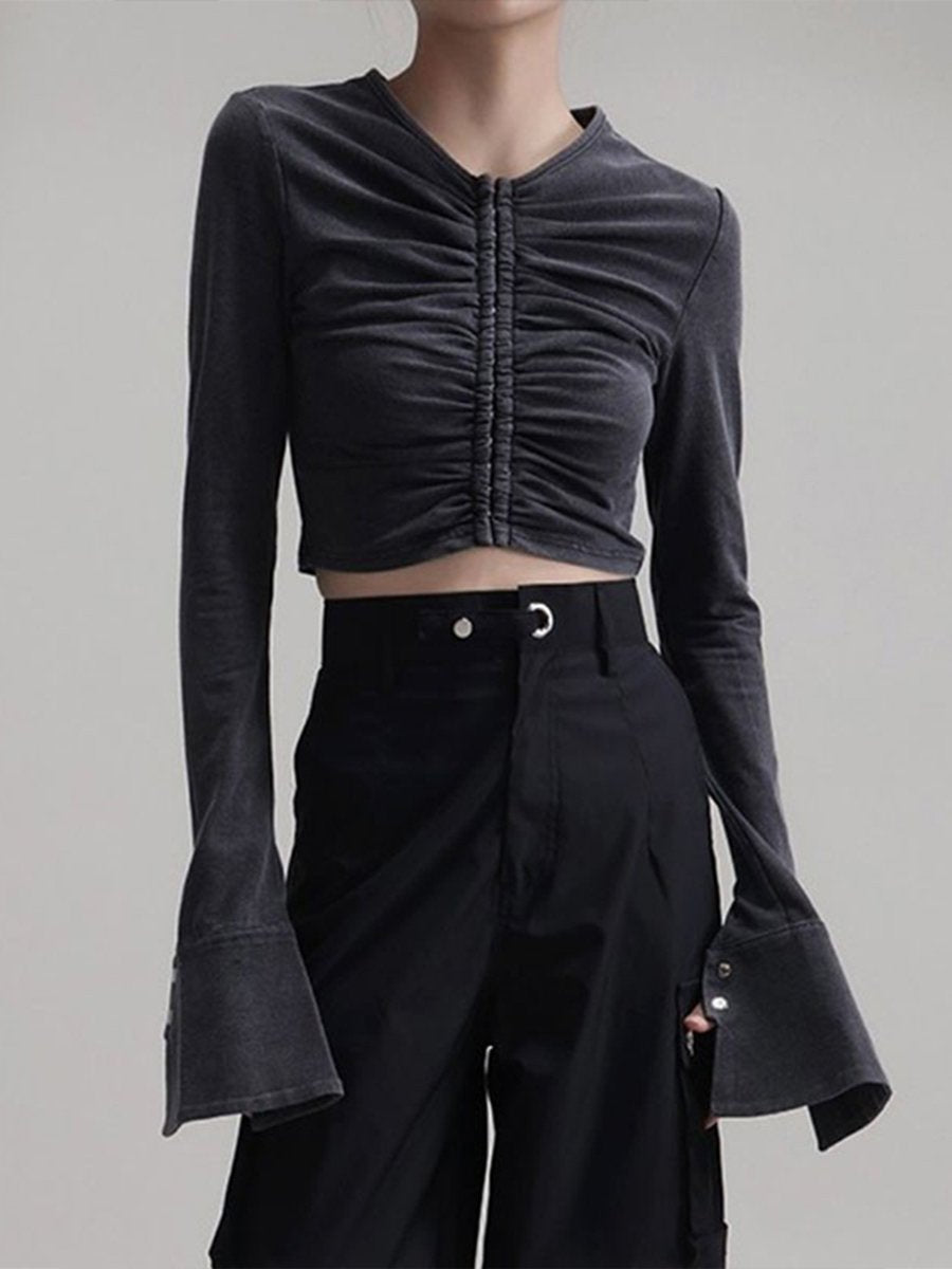 Crimping Long Sleeve Dark Gray T-Shirts