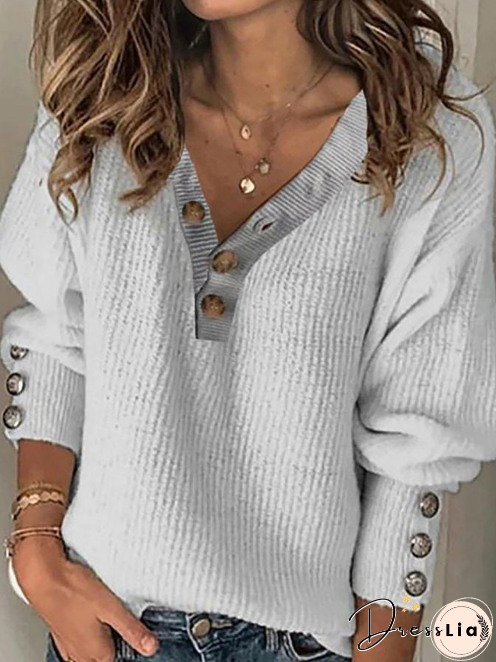 Plus size Plain Knitting V Neck Sweater