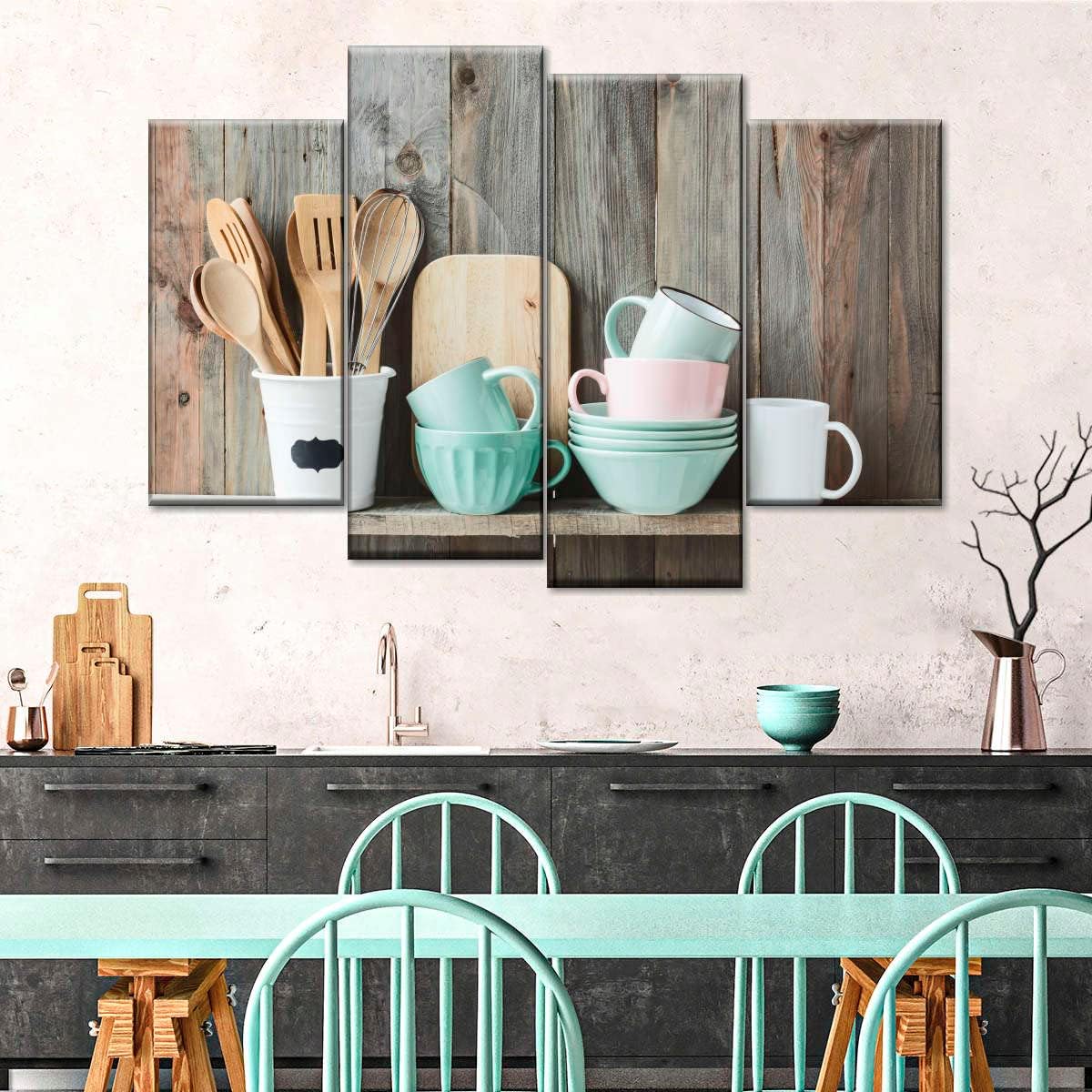 MXSD 4 Panels Wall Art Painting Shabby Chic Kitchen 4 Pieces Canvas Painting Artwork Paintings Wall Art Living Room Bedroom Home Decorations Frame