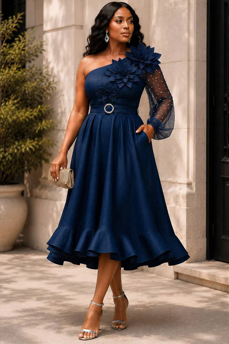 Xpluswear Design Plus Size Cocktail Party Navy Blue One Shoulder Long Sleeve Contrast Drilling Tencel Denim Midi Dresses [Pre-Order] 2024 - Xpluswear