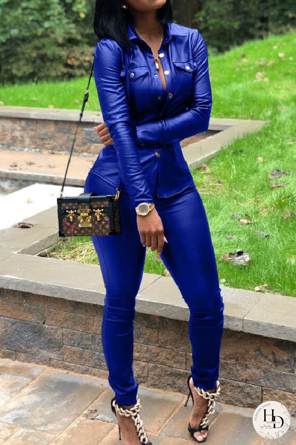 Wine Red Elastic Fly Long Sleeve Mid Print Patchwork pencil Pants