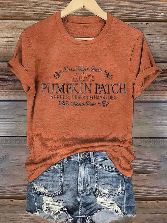 Women's Autumn Pumpkin Embroidery Print Casual T-shirt 