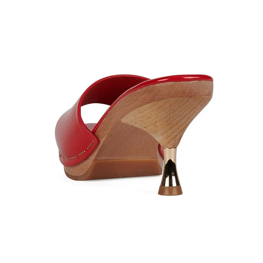 Red Open Toe Slip-On Platform Mules Sandals with Spool Heels