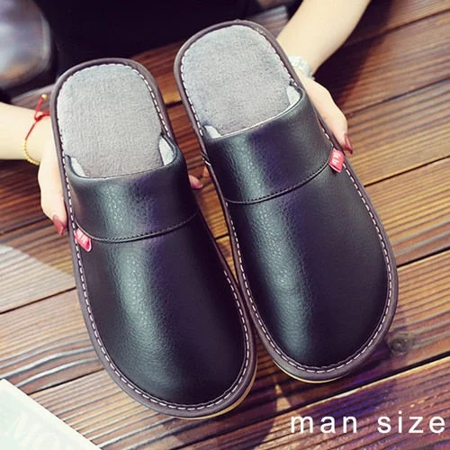 Leather Couple Shoes Autumn Winter home slippers Man Fashion Big size indoor Waterproof Men slippers with fur soft socofy