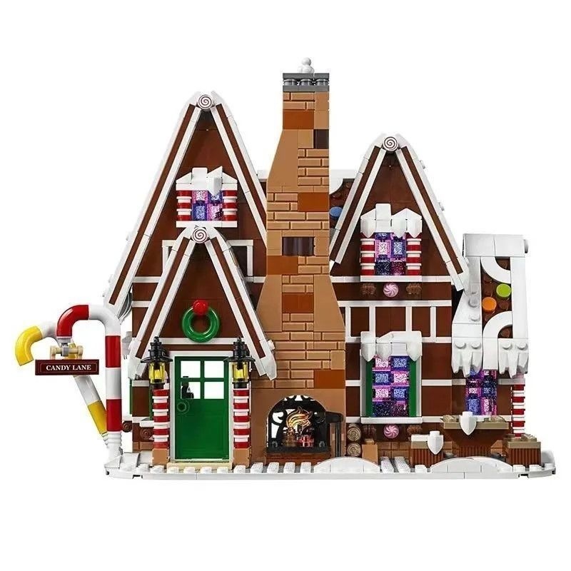 Gingerbread house MOC building blocks model close-up showing holiday details and decorative elements