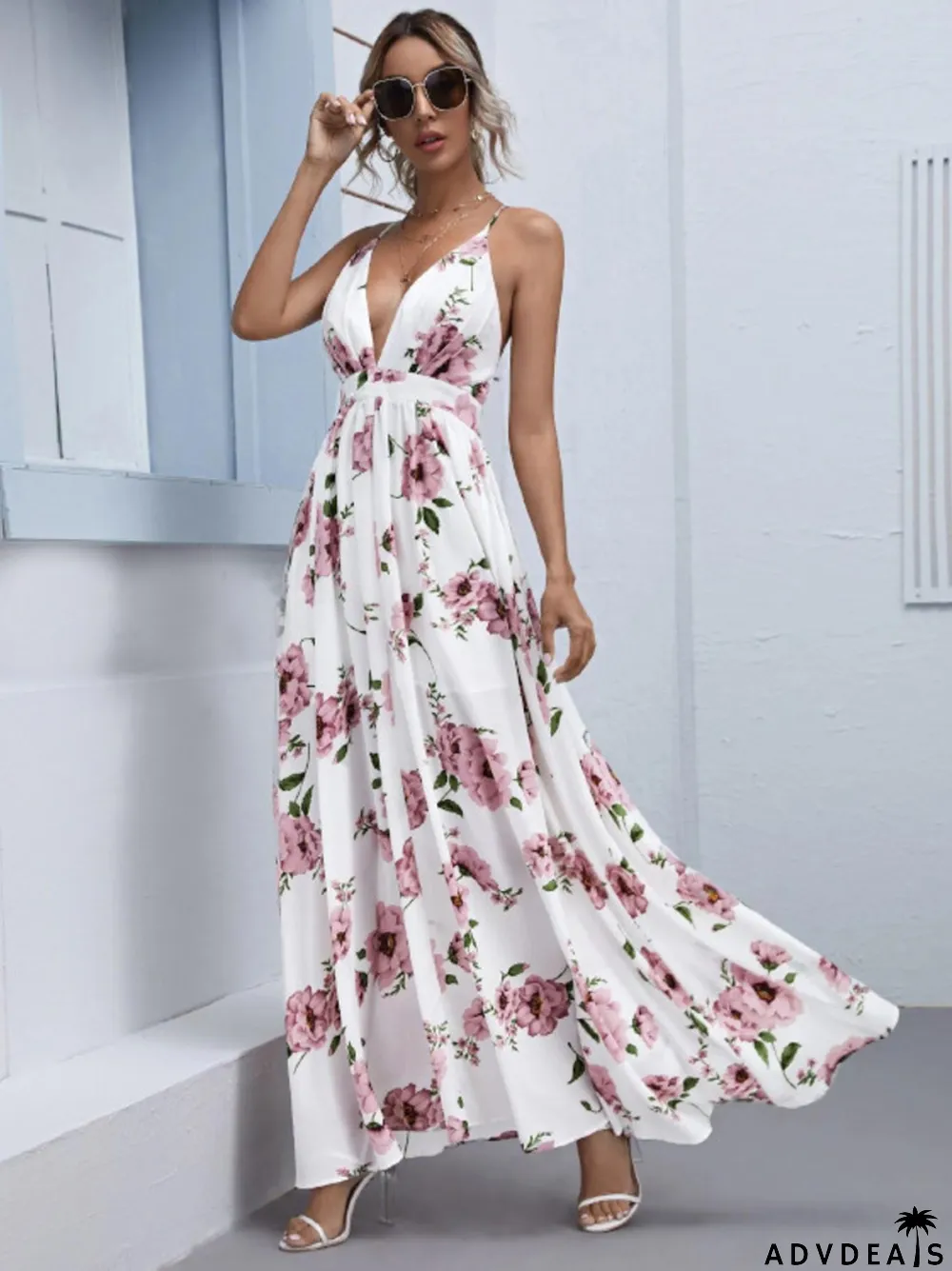 Women's Chiffon Loose Print Sling Sexy Wedding Guest Dress
