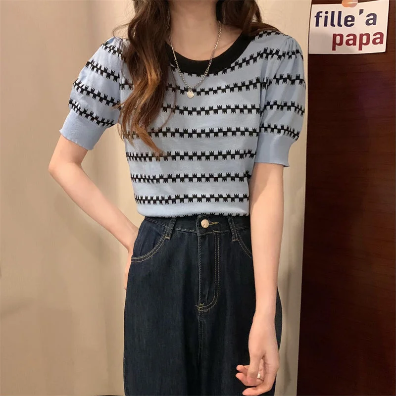 Uveng Uveng Ice Silk Striped Knitted Short-Sleeved T-Shirt For Women's 2023 Summer New High-Waisted Loose Bubble Sleeve Short Blouse