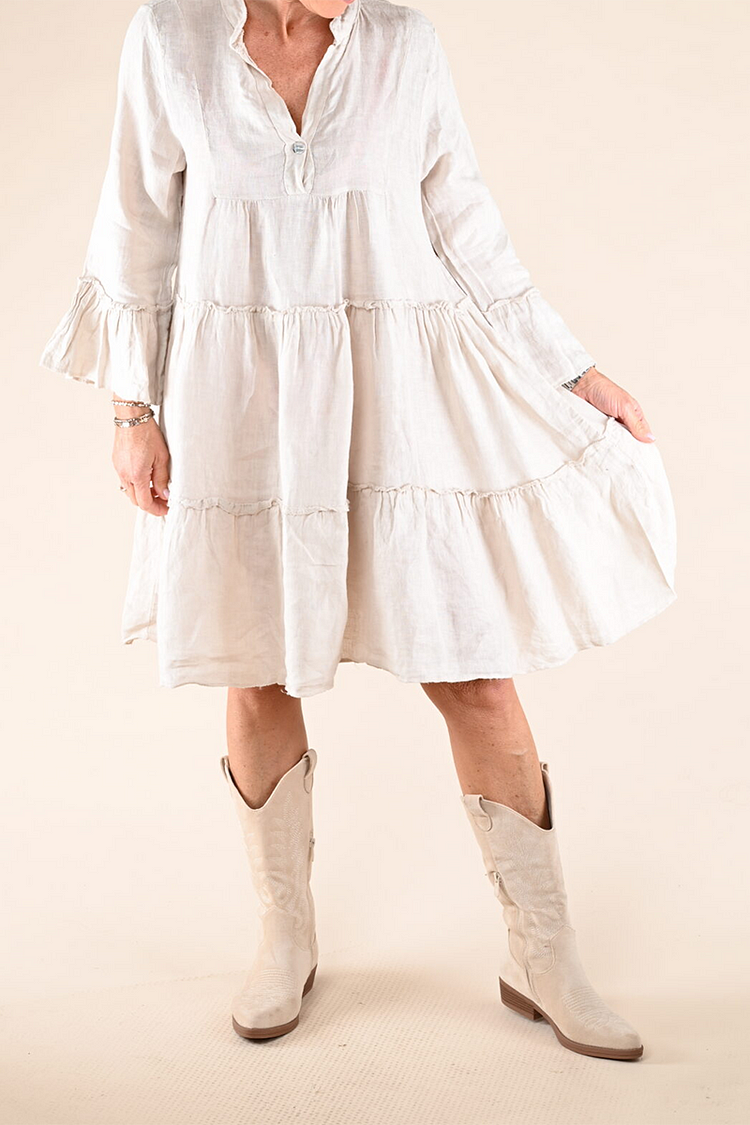 V Neck Flare Long Sleeve Tiered Plain Linen Mini Dresses [Pre Order]