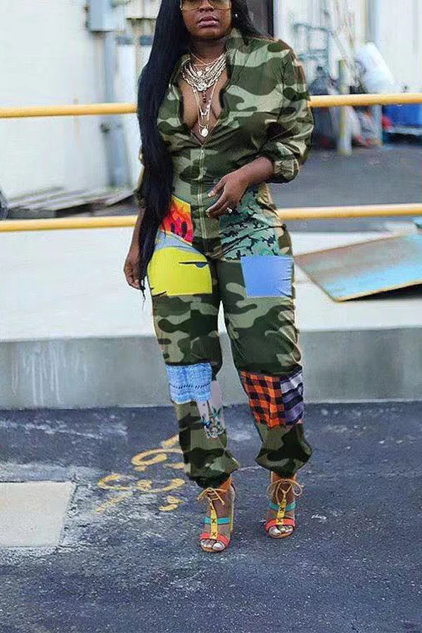 Camouflage street Print Polyester Long Sleeve V Neck Jumpsuits
