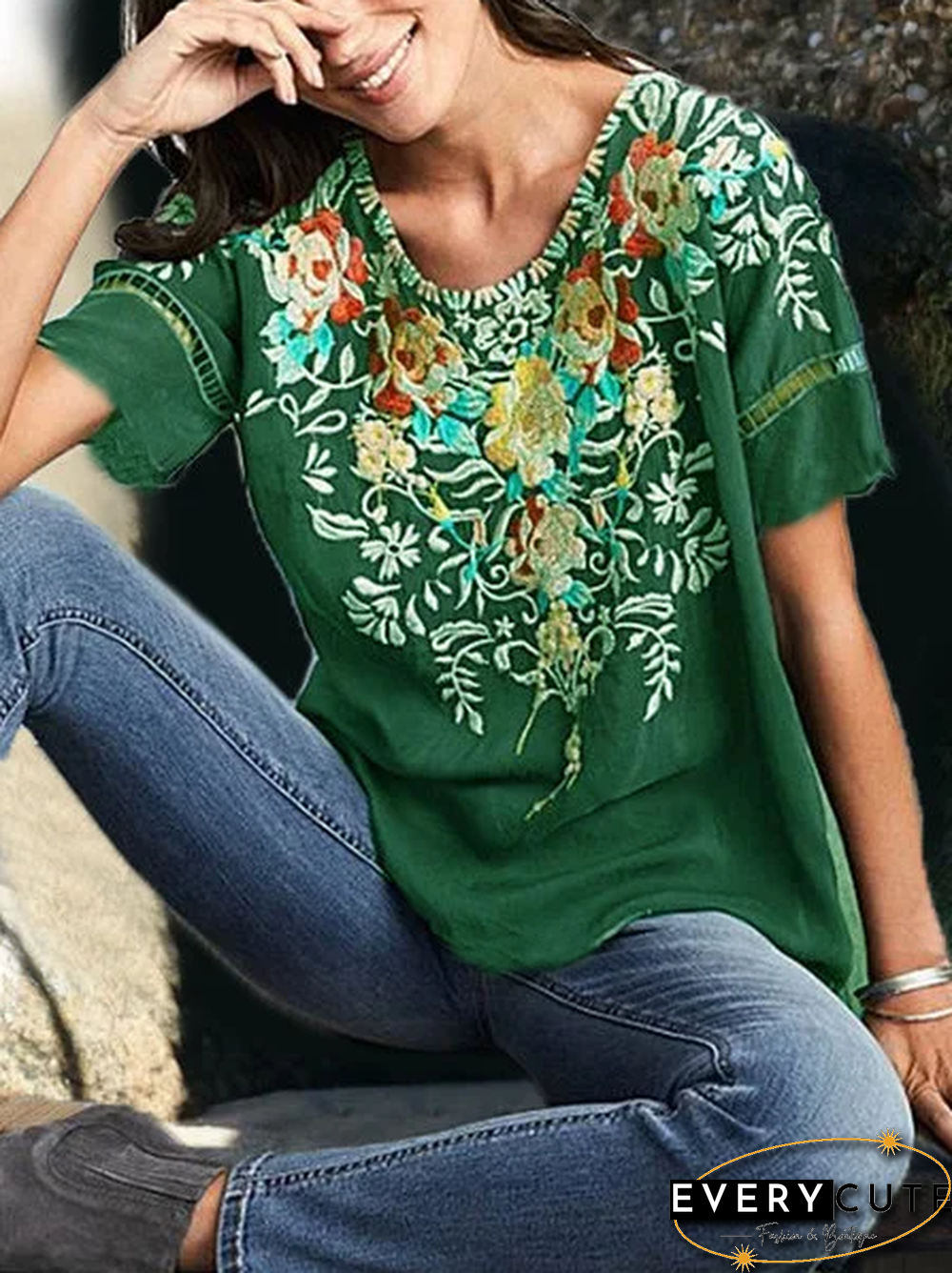 Round Neck Floral Casual Short Sleeve Summer T-shirt