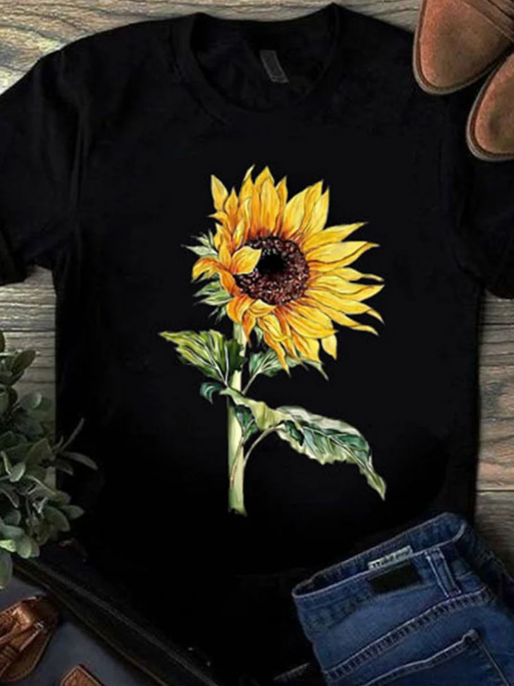 Sunflower Pattern Simple Short Sleeve T-Shirt
