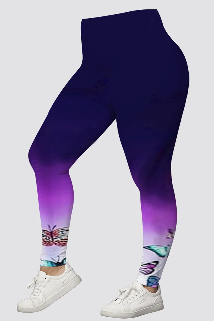 Flycurvy Plus Size Casual Purple Ombre Butterfly Print Legging  Flycurvy [product_label]