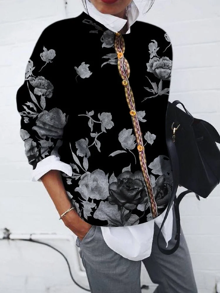 Women Long Sleeve Floral Printed Knit Simple Cardigan