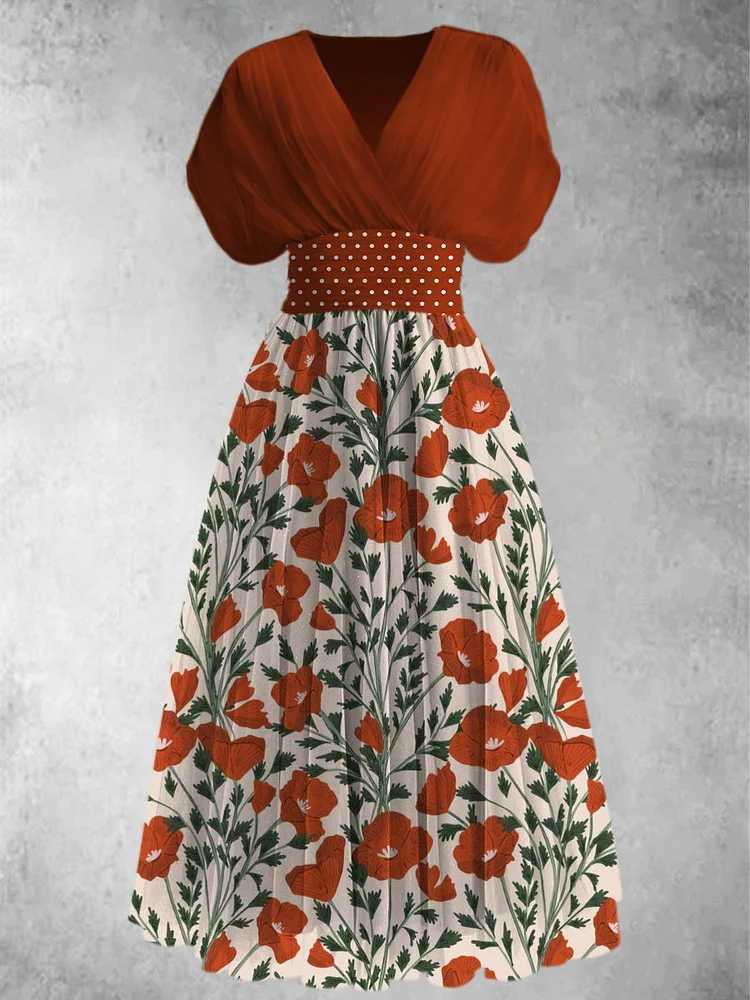 Retro Boho Floral Art Printed Elegant V-Neck Chic Chiffon Short Sleeve Maxi Dress