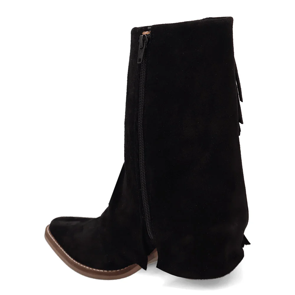 Black Vegan Suede Almond Toe Chunky Heel Fringe Fold Over Boots