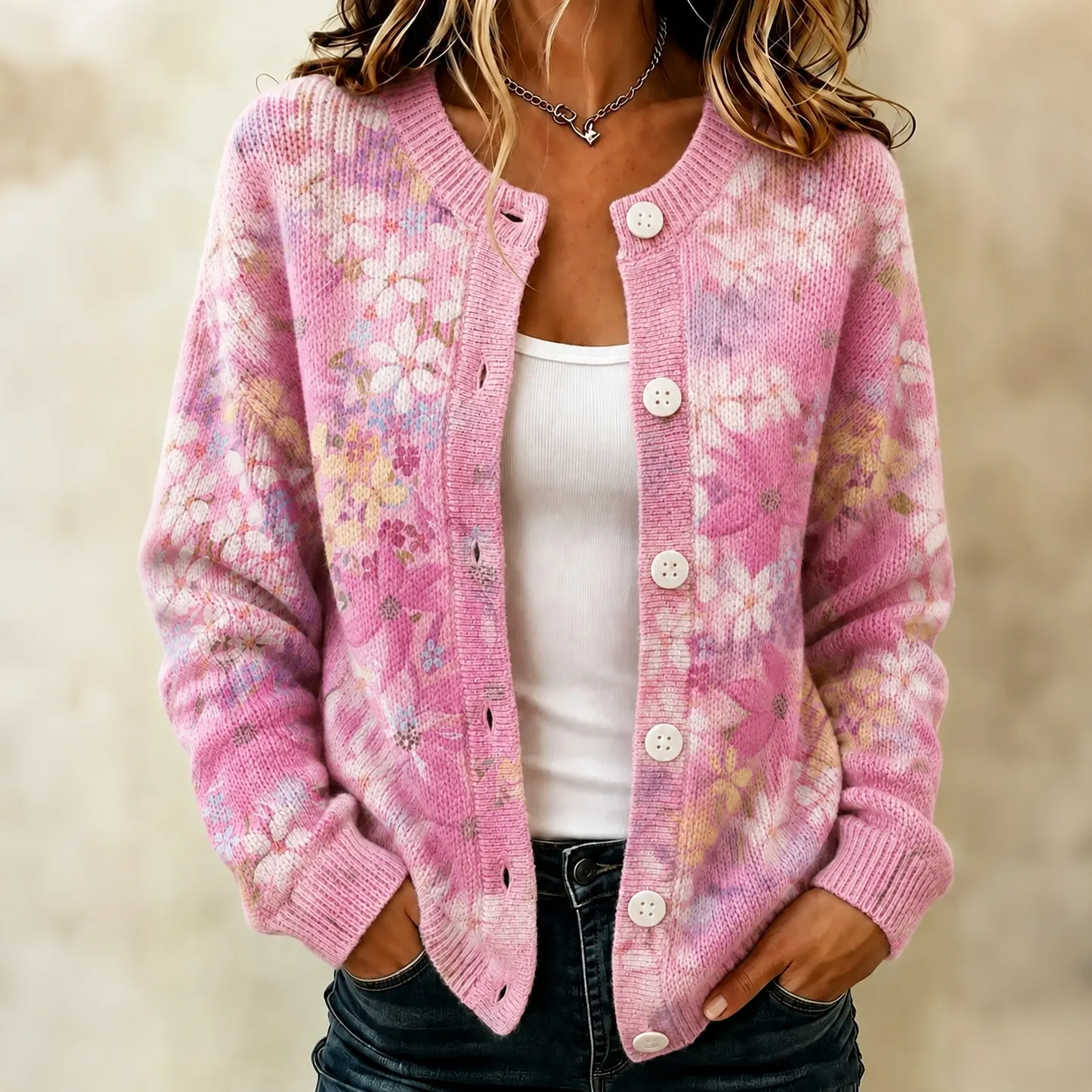 Comstylish Women's Breast Cancer Awareness Month Floral Print Casual Cardigan