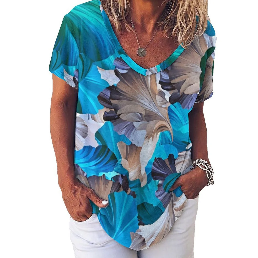 V-neck Short Sleeve Casual T-shirt for  Women Printed with Pattern Petals, Green, Gray