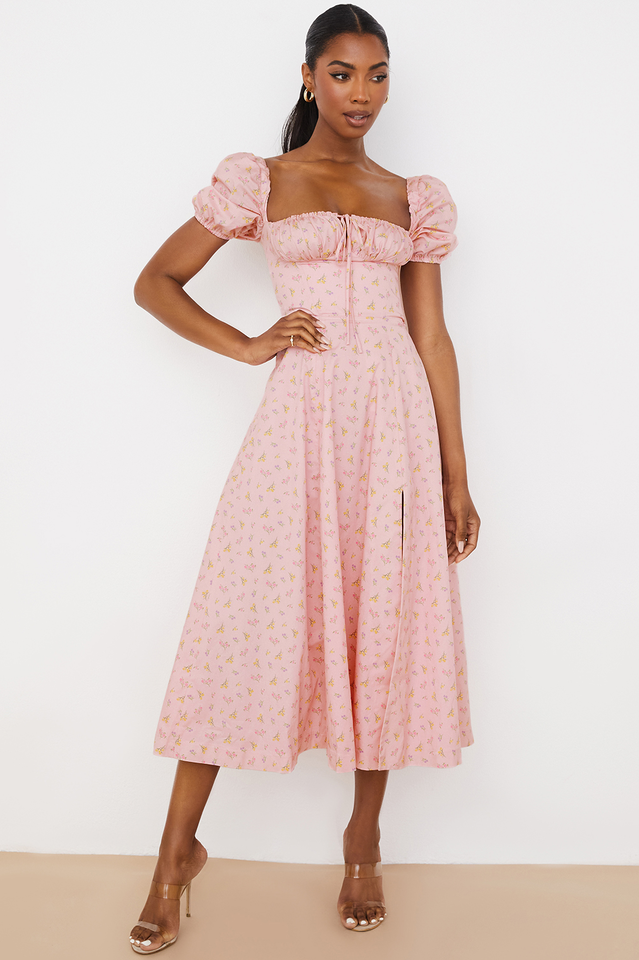 Floral Puff Sleeve Boho Midi Dress