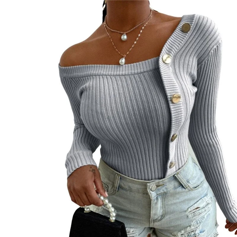 Fashion Button Off Shoulder Knitted Sweater Women Jumper Autumn Winter Strapless Pullover Long Sleeve Knitwear Female Streetwear
