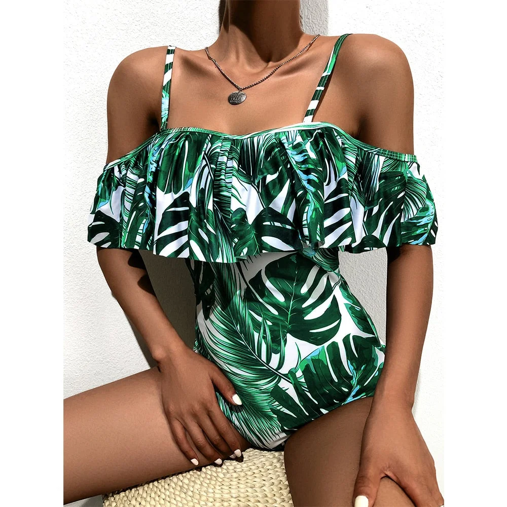2020 One Piece Swimsuit Swimwear Women Print Ruffle Swimsuit Bodysuit Monokini Female Padded Bathing Suits Beach Wear Summer