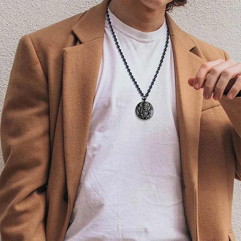 Black Obsidian Ganesh Ganpati Elephant Protection Pendant Necklace