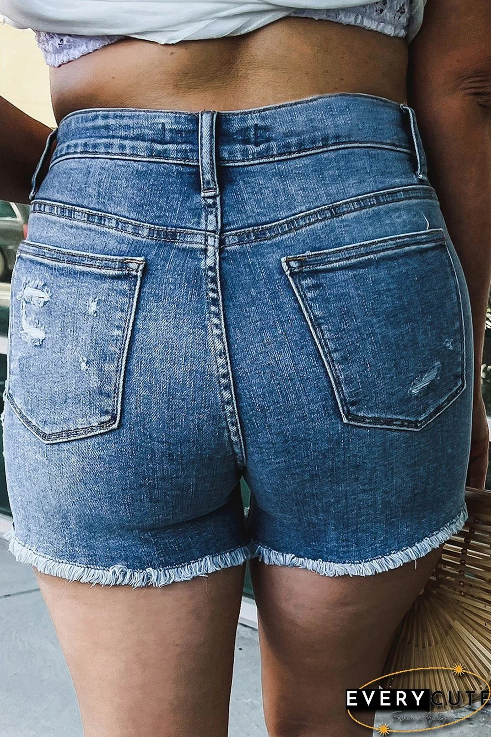 Sky Blue Distressed High Waist Plus Size Denim Shorts